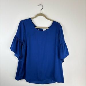 CAbi Womens Large Blouse Top Short Ruffle Sleeve Boho Blue Keyhole Back